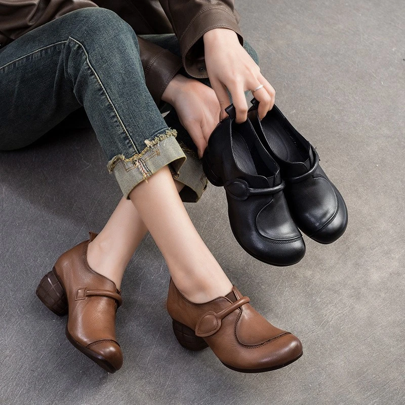 20559民族风中跟软底单鞋舒适圆头妈妈鞋春秋款复古真皮手工女鞋