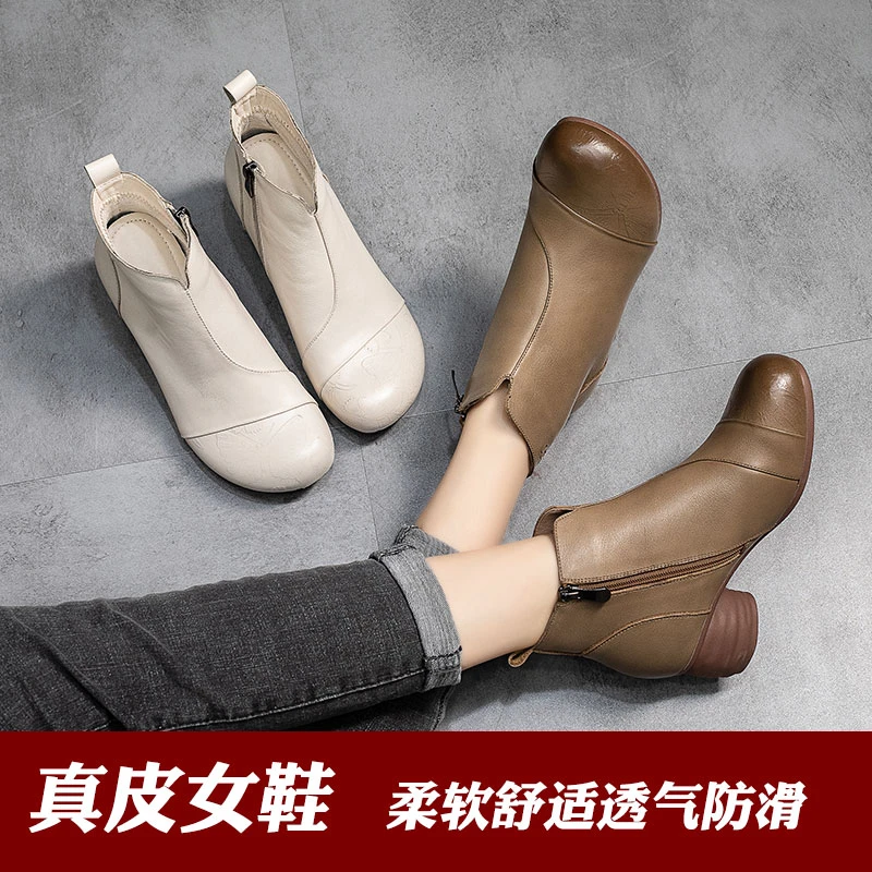 2391秋冬季复古手工真皮中年女士短靴子软底粗跟单靴百搭妈妈皮靴