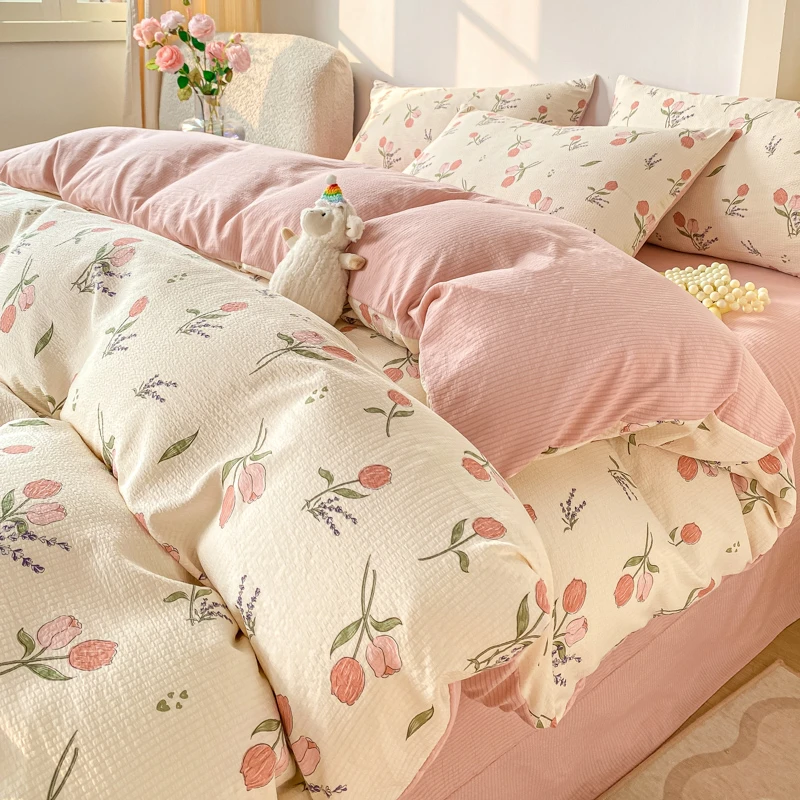 A类水洗棉四件套双层纱床单被套学生宿舍单人被罩四季床单枕套