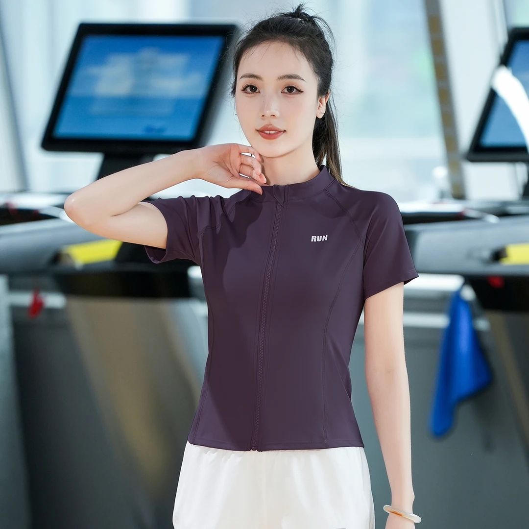 显瘦立领开衫健身服女洋气健身衣透气运动上衣晨跑瑜伽服健身短袖