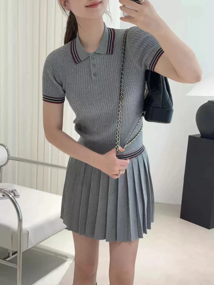 【林巧巧】夏装韩系学院风polo领针织短袖T恤辣妹百褶裙两件套装