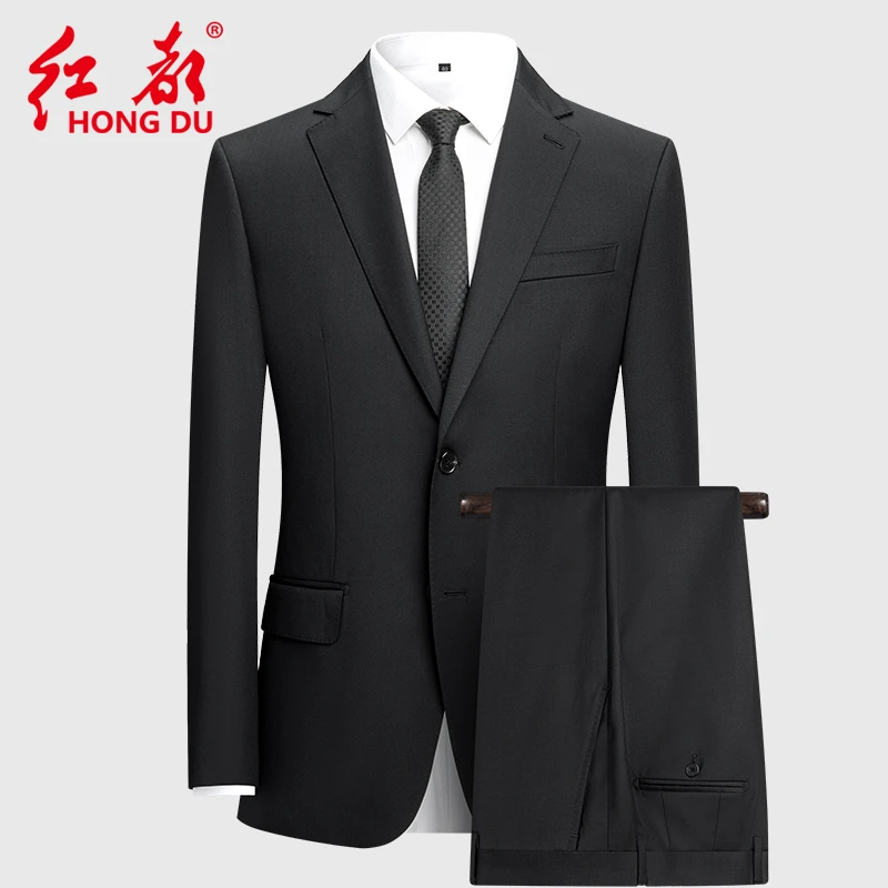 红都四季穿西服精纺羊毛黑色套西男结婚宴会后开叉西装套装男2615