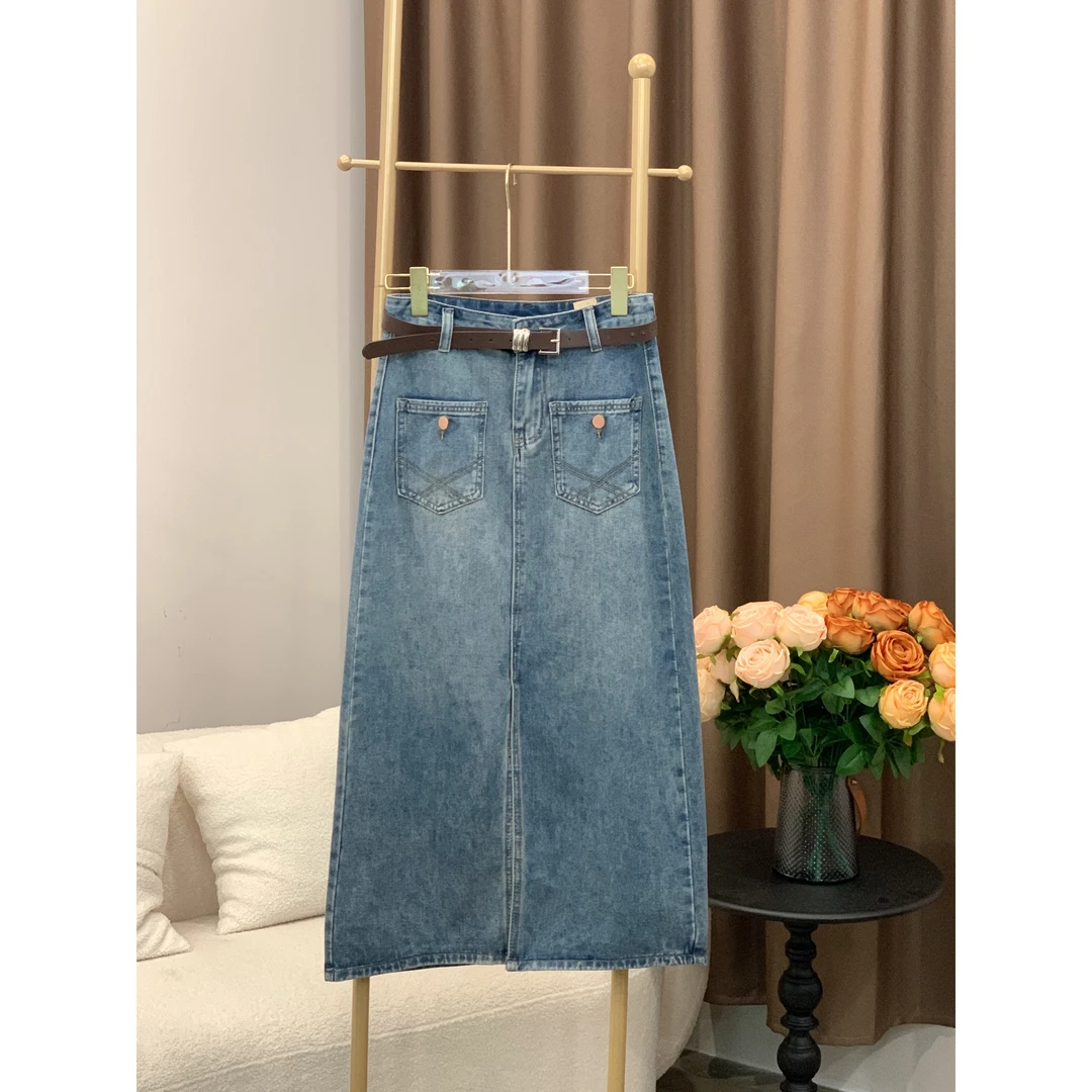 2025复古蓝开叉牛仔裙女高腰显瘦a字显瘦半身裙小个子裙子5102-5