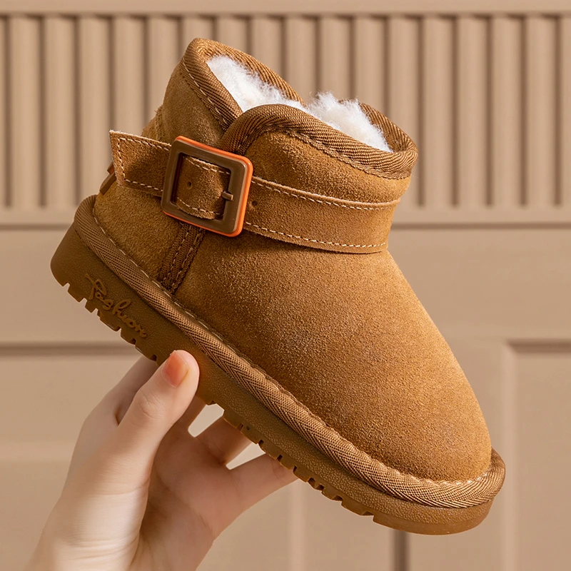 真皮儿童雪地靴保暖卡扣防水加绒靴保暖雪地防滑加绒加厚儿童靴