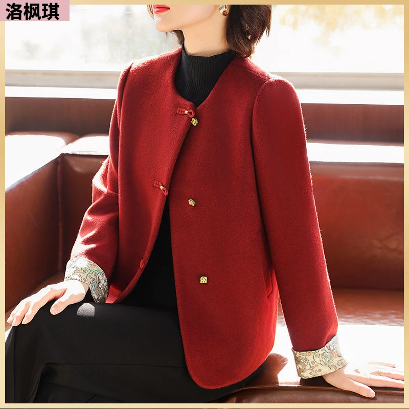 I秋装毛呢短款外套中老年女装喜庆穿新中式上衣l