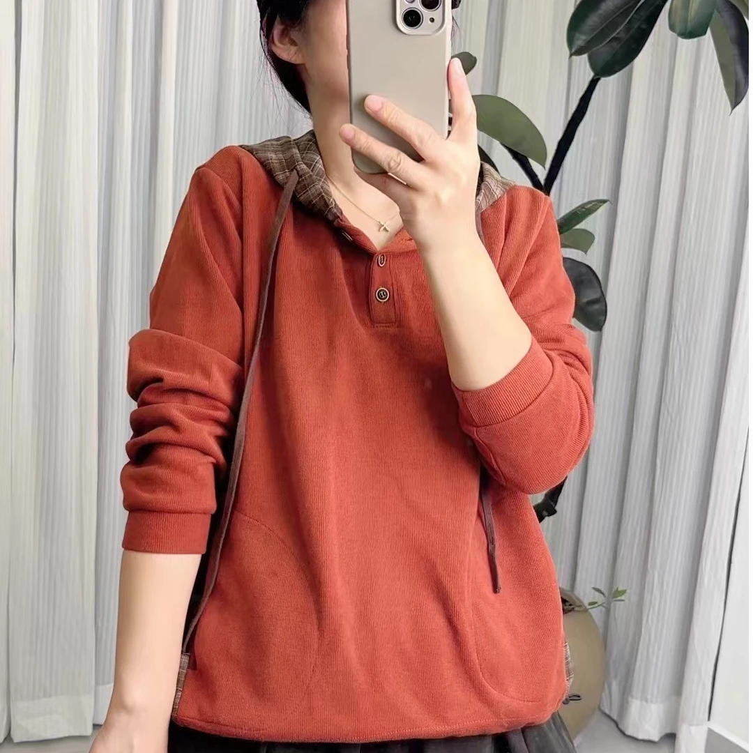 安然6626米妮扣拼接格子卫衣