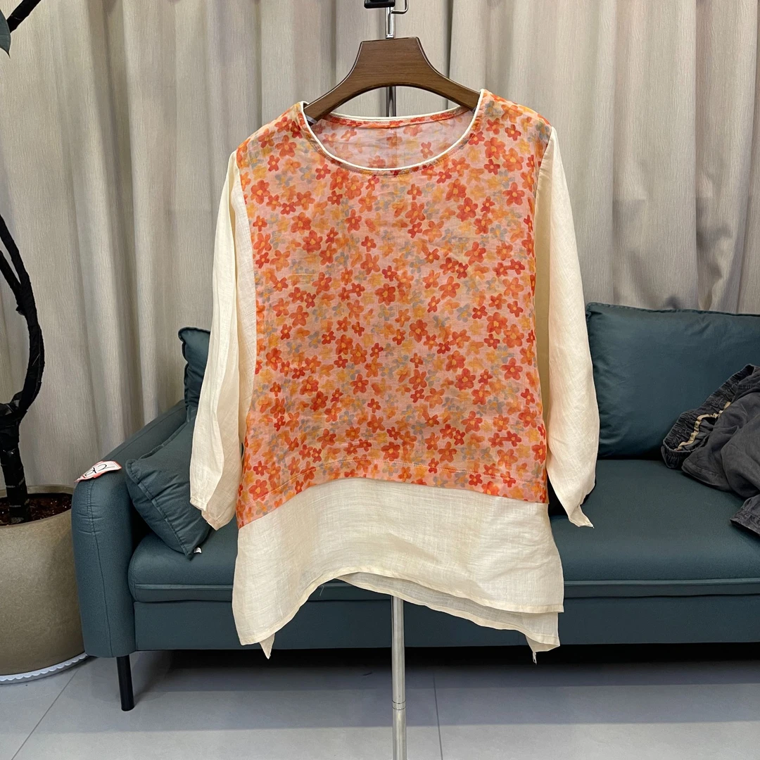 8850苎麻印花圆领拼接假两件