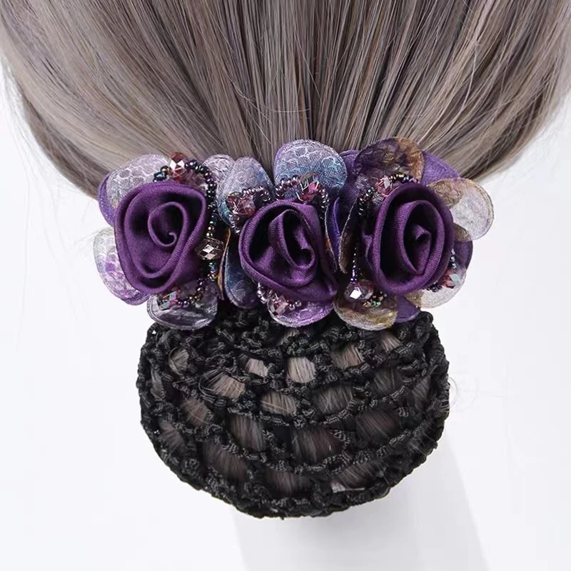 新款韩版绢纱花朵发饰顶夹护士网兜职业头花盘发发夹商务成人头饰