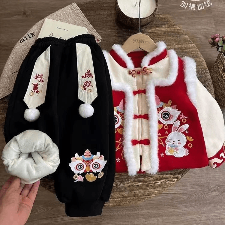 子涵童装D女童冬季拜年服套装中国风唐装加绒加厚新款年服宝宝喜