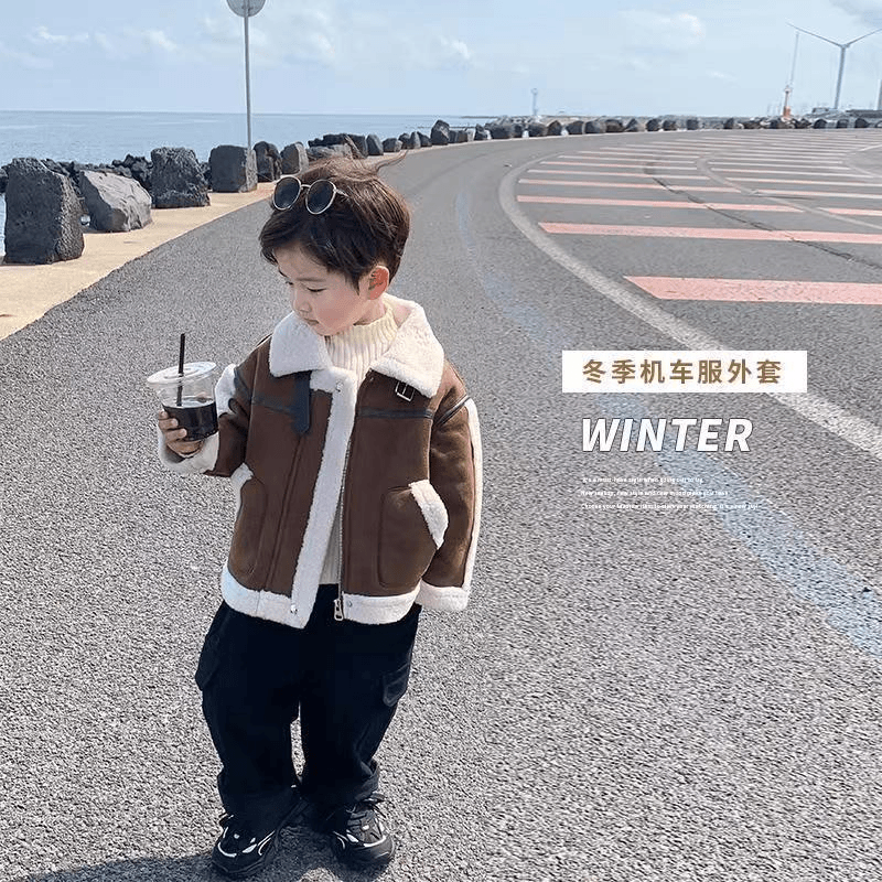 子涵童装D男童加绒外套23新款冬季女儿童羊羔绒皮绒一体机车服加