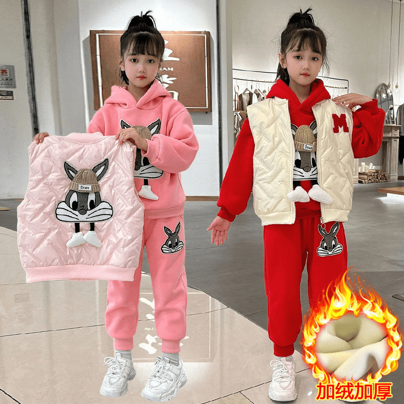 子涵童装D女童冬装季套装2024新款三件套马甲卫衣中大童加绒加厚