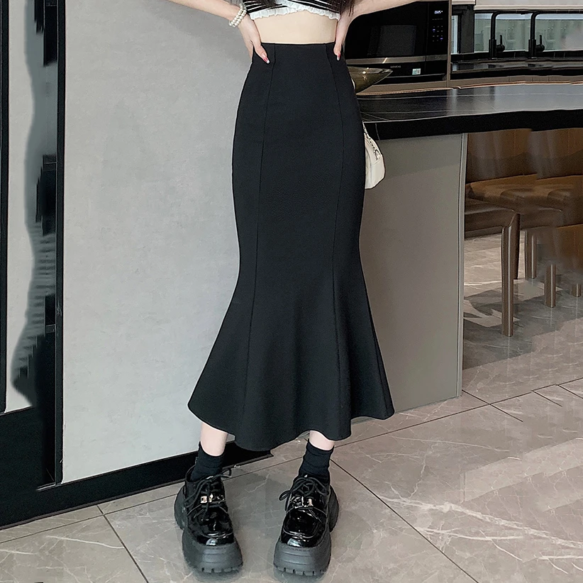春秋季新款黑色半身裙女高腰裙中长修身鱼尾裙显瘦长裙显瘦半身裙
