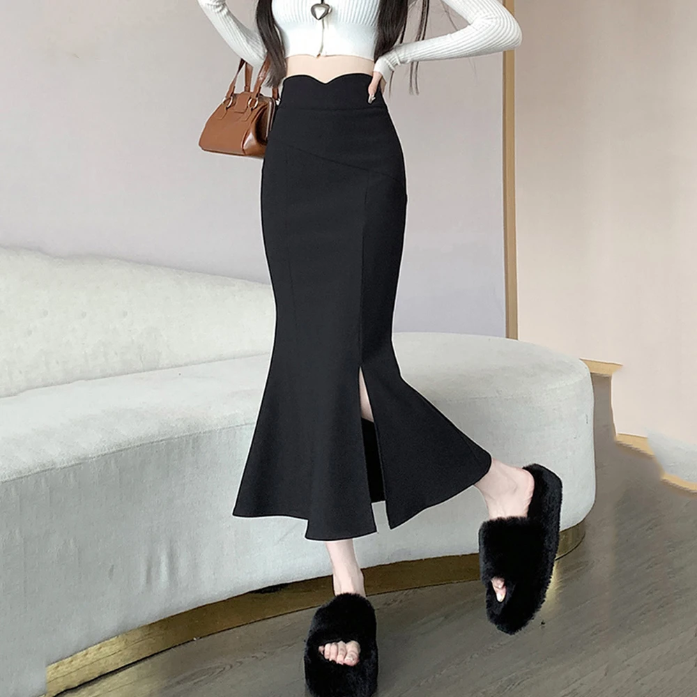 【春秋款】黑色春秋季新款半身裙女高腰裙中长款修身鱼尾裙开叉百搭