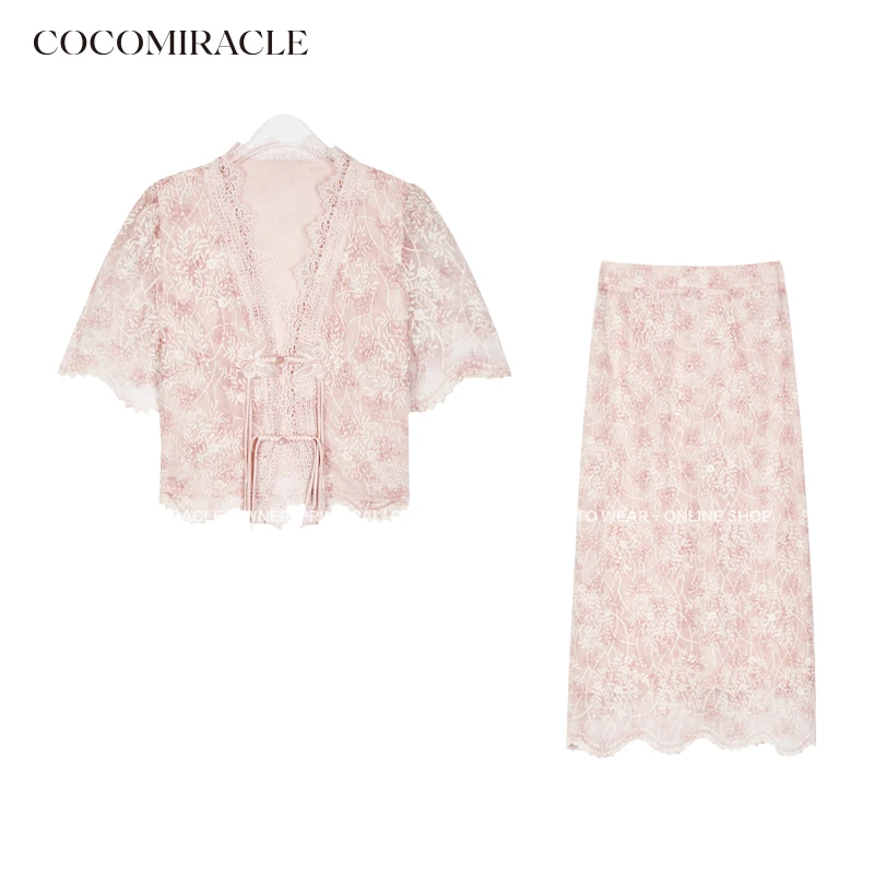 董小姐【蕾丝物语】夏季新款V领盘扣蕾丝套装长款QL3TZ3300