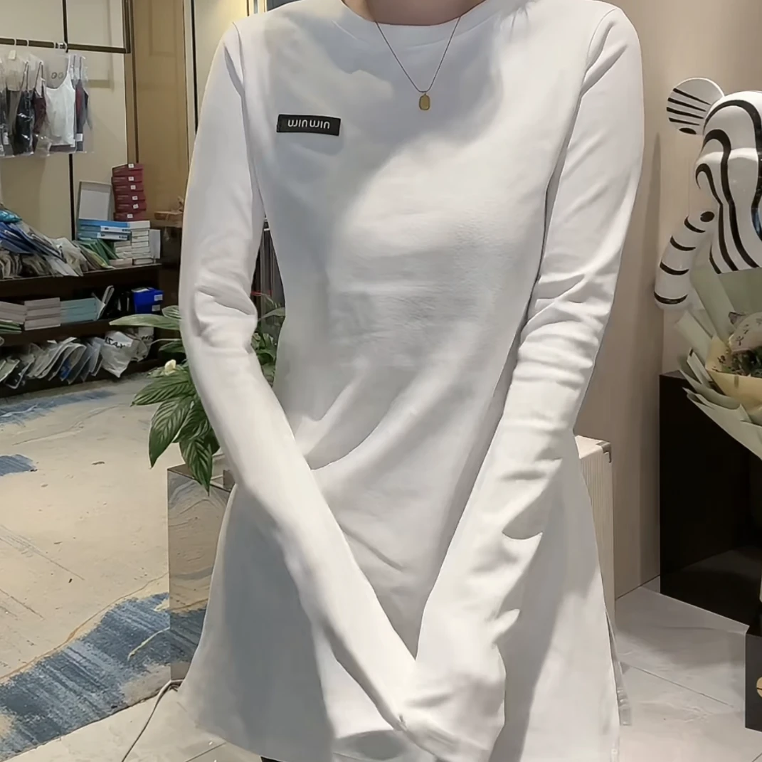 新款欧货时尚显瘦百搭圆领俩侧开衩中长减龄衫休闲长袖网红秋季