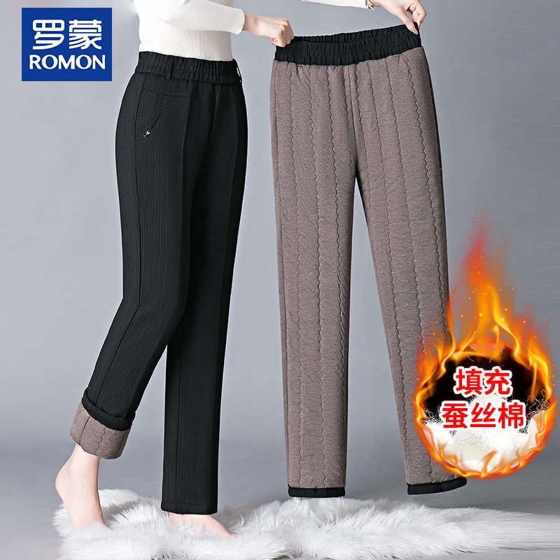 罗蒙妈妈冬装蚕丝棉裤外穿中年高腰保暖裤黑色中老年女裤加绒加厚
