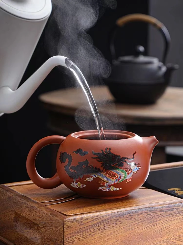 2024新款龙凤呈祥变色紫砂壶原矿朱泥西施壶球孔过滤大容量泡茶壶