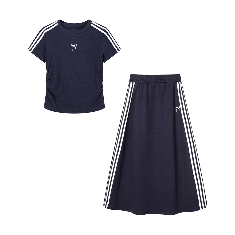 D018设计感蝴蝶结刺绣条纹短款T恤2025夏季新款高腰半身裙两件套