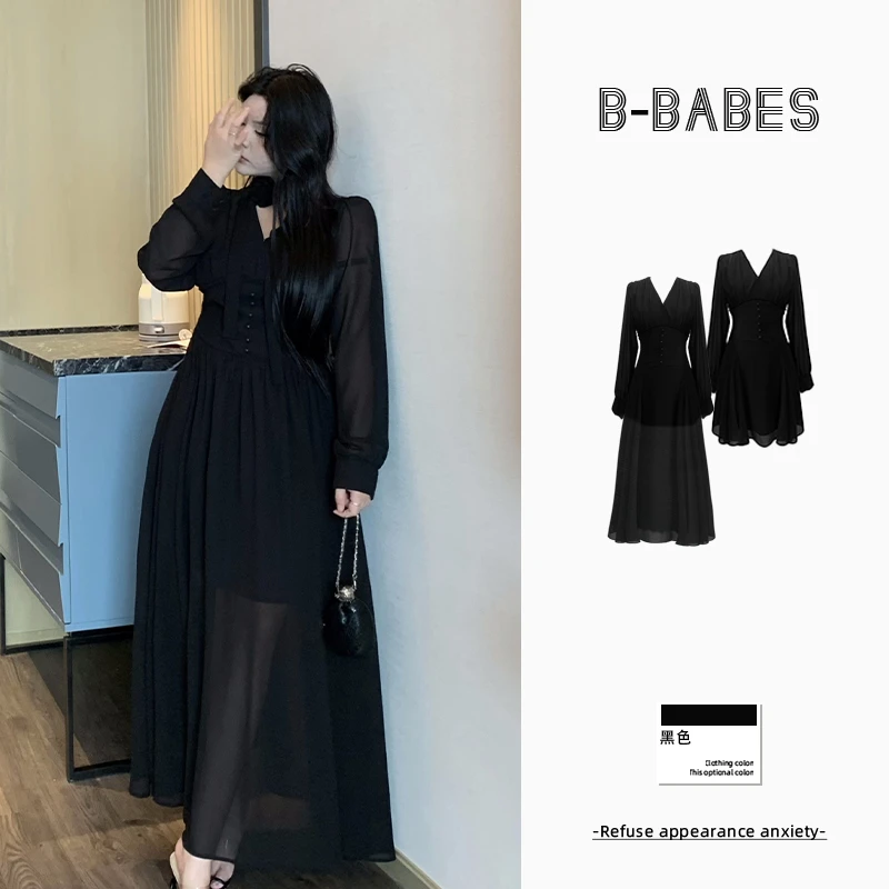 B-babes【梧桐初秋】性感高级感v领长袖连衣裙小众收腰显瘦气质裙子