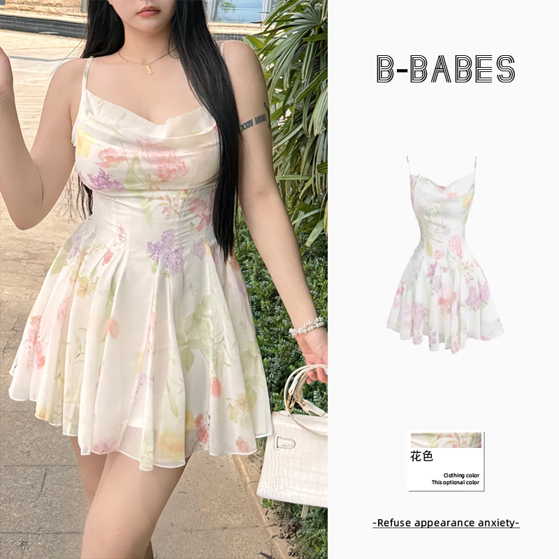 B-babes【倾心对白】超仙碎花荡领吊带微胖显瘦收腰a字蓬蓬裙纯欲裙