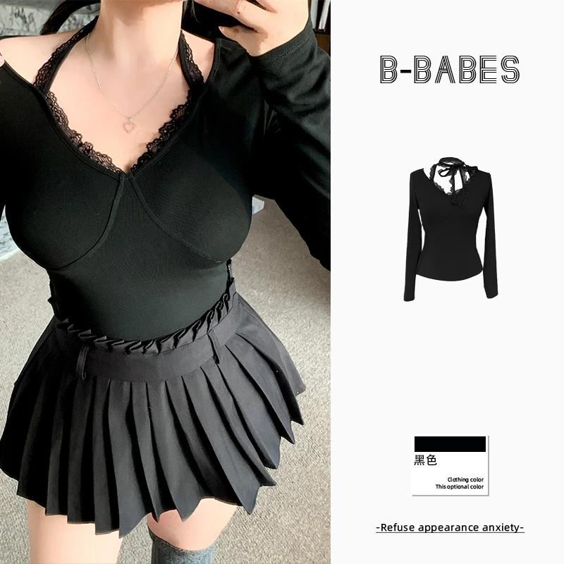 B-babes【温柔悦己】纯欲性感蕾丝V领T恤微胖修身打底衫外穿上衣