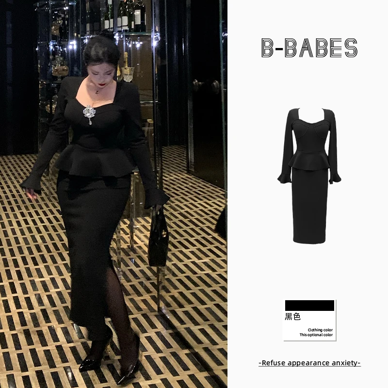 B-babes【娇贵千金】方领喇叭袖连衣裙掐腰显瘦荷叶边假两件包臀裙
