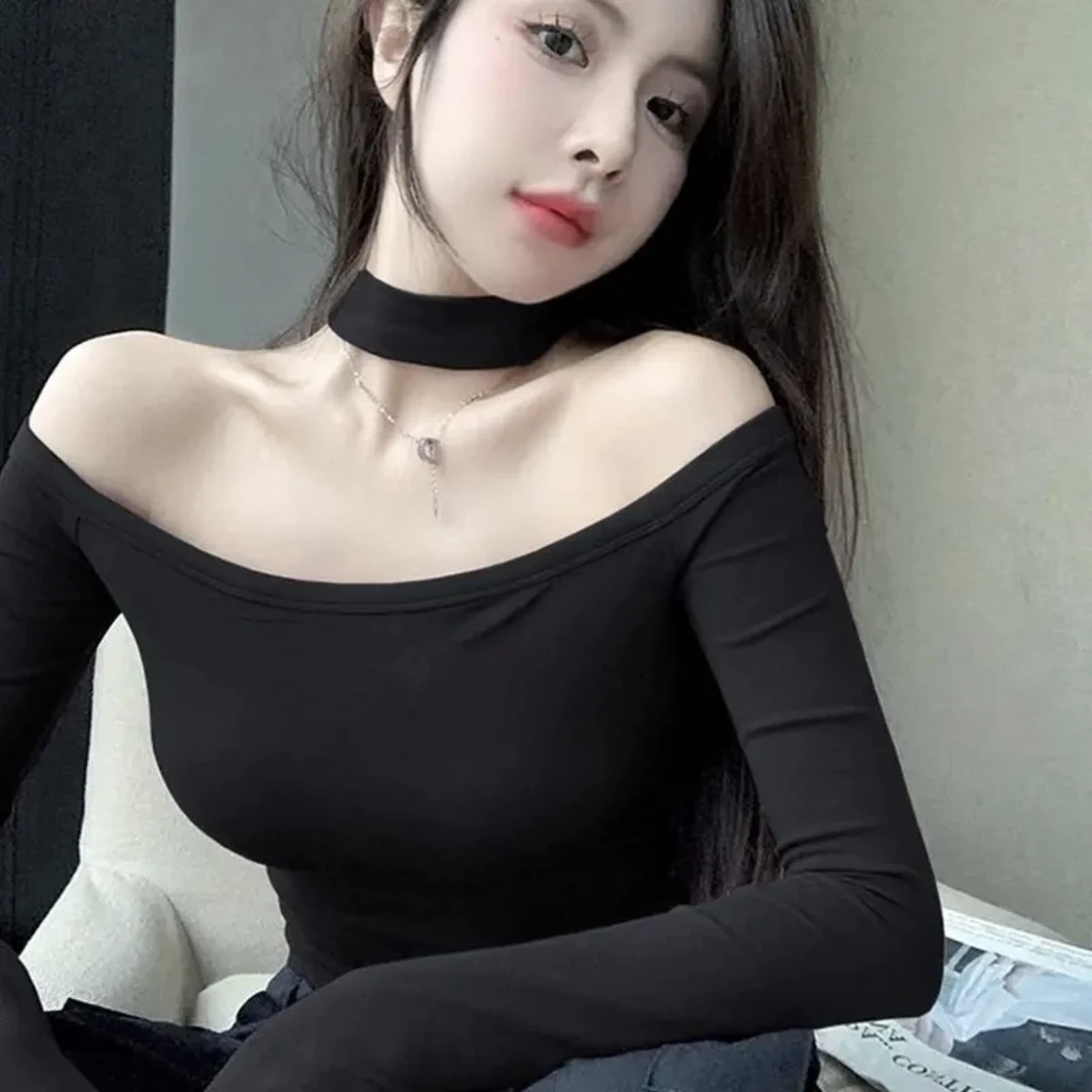 【一衣三穿】秋季新款显瘦露肩辣妹上衣设计感小众挂脖长袖打底衫