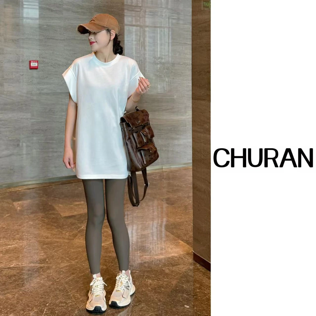 2024夏季新款时尚显瘦打底外穿气质设计款开叉圆领T恤上衣短袖