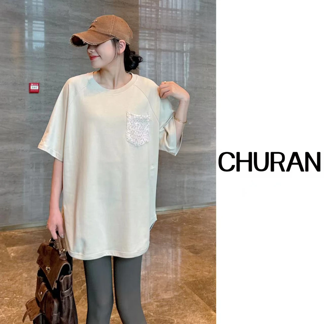 新款夏季2024宽松显瘦时尚口袋亮片设计白色开叉外穿短袖T恤上衣