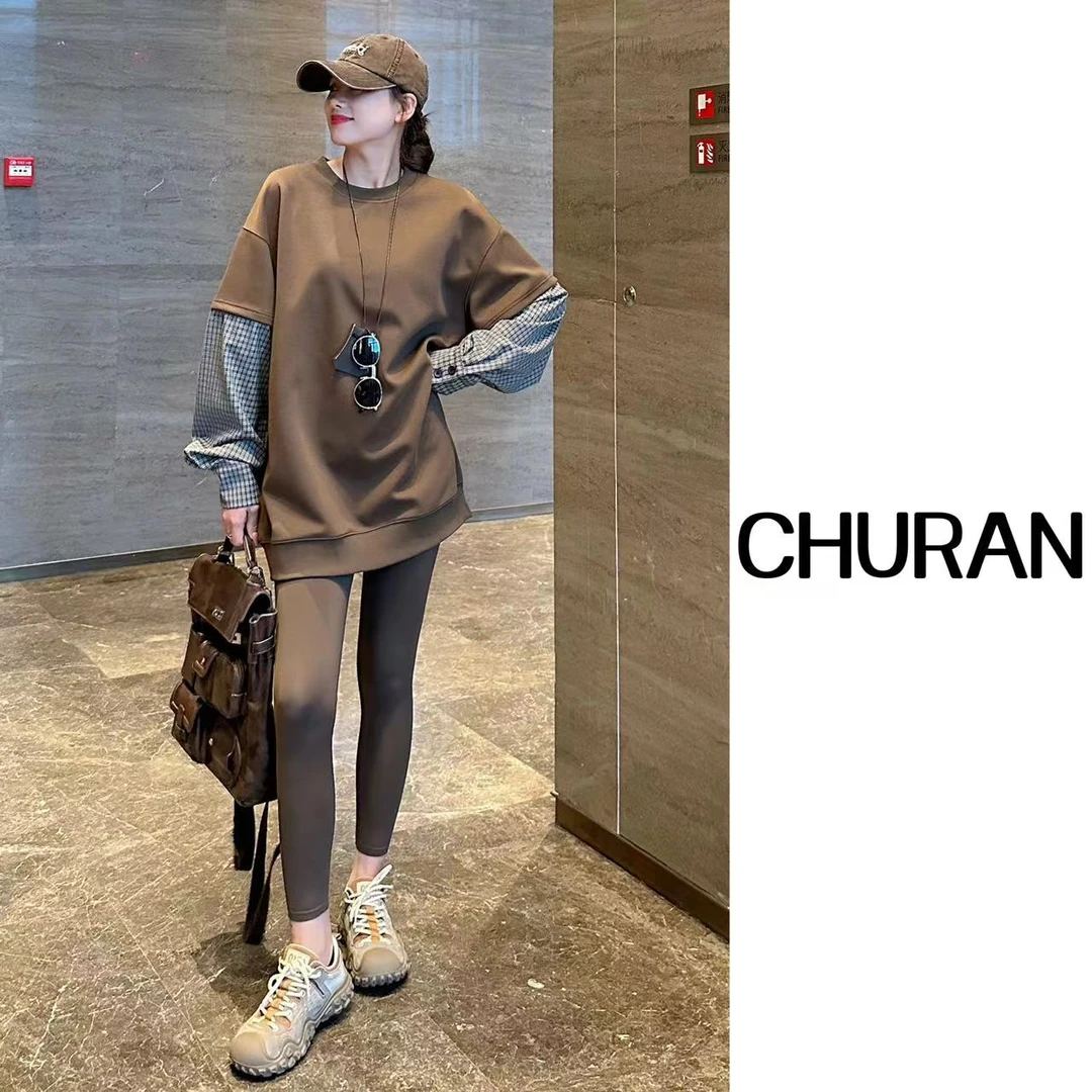 U.V.Y早秋新款格子袖拼接假两件长袖卫衣女百搭宽松圆领上衣女