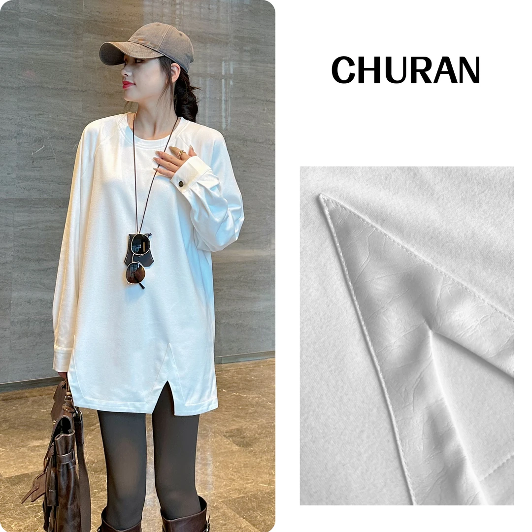 U.V.Y早秋新款圆领开叉拼接仿皮POLO袖宽松百搭纽扣T恤长袖上衣女