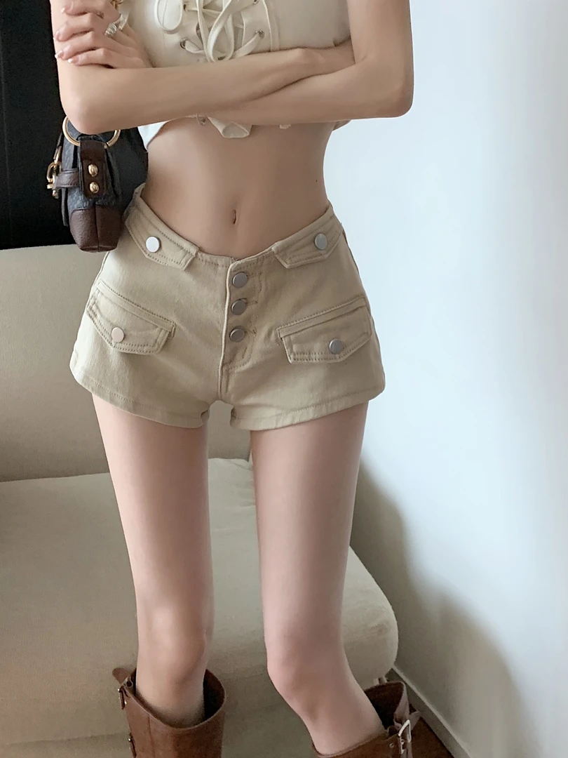 双面女神浅色工装牛仔短裤女夏季热裤小个子低腰性感弹力阔腿热裤