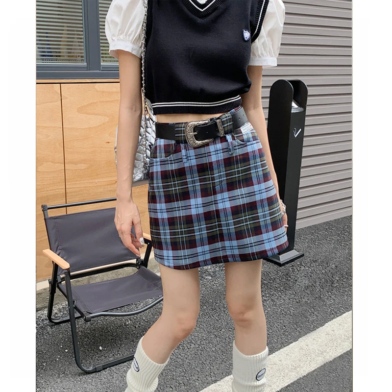 双面女神 泰式半身裙复古a字裙大码秋冬显瘦设计感格纹包臂裙短裙