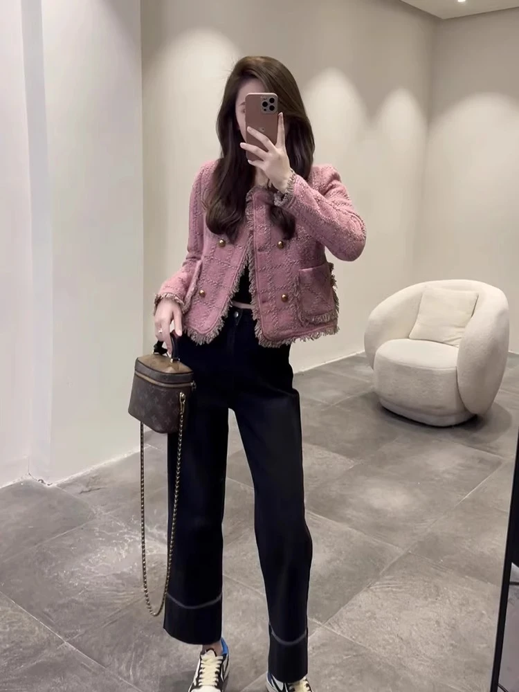 SFY粉色短款外套女2025秋冬百搭气质高级感时尚小香风粗花呢上衣
