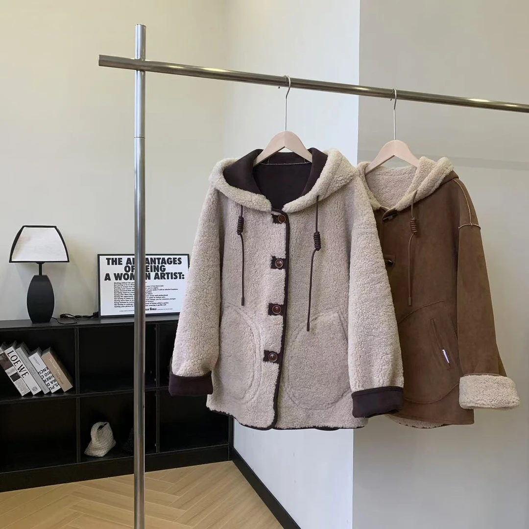 素心轻奢 2024冬季韩版时尚两面穿皮毛一体连帽外套12670