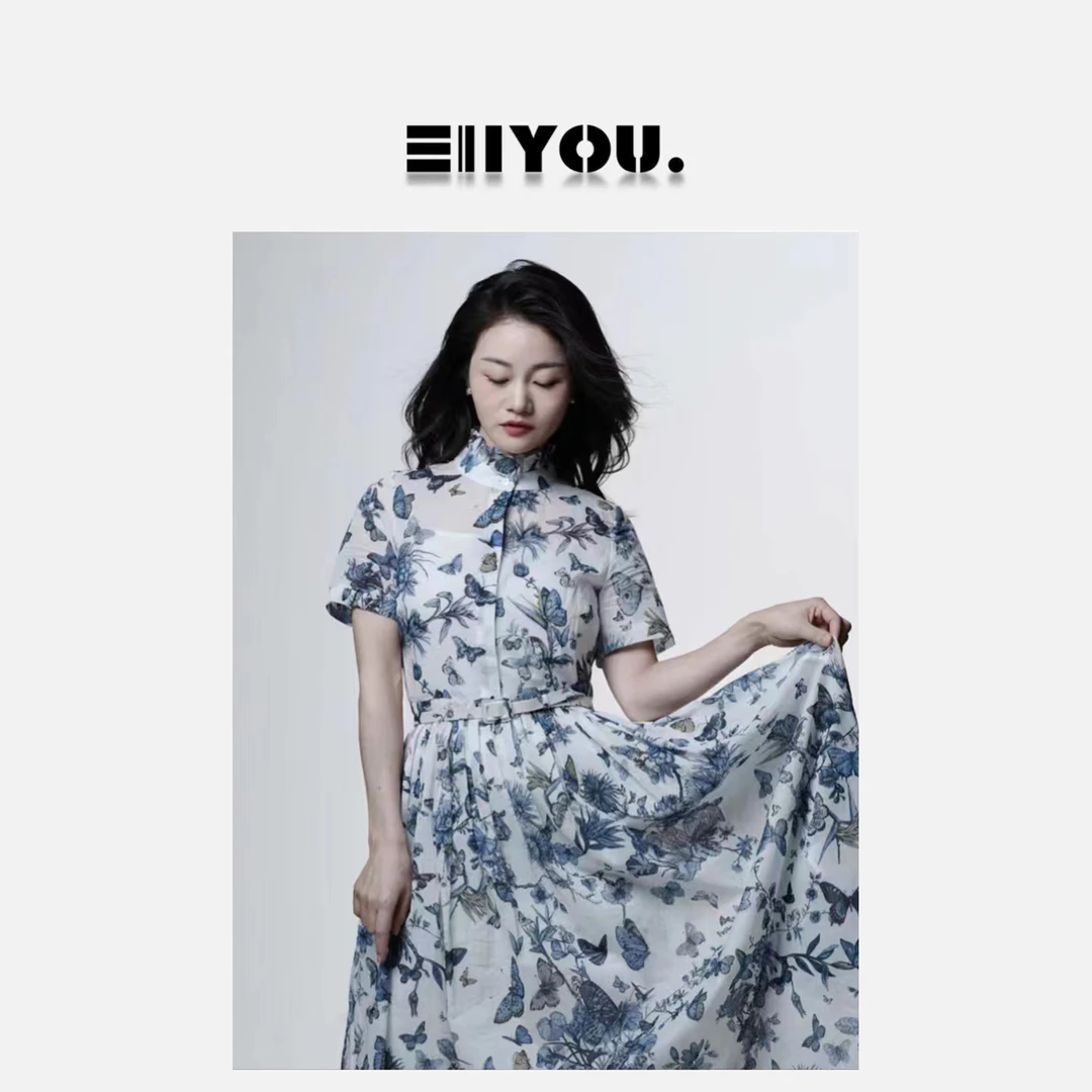 【ENYOU定制】高定秀场 蓝色短袖连衣裙