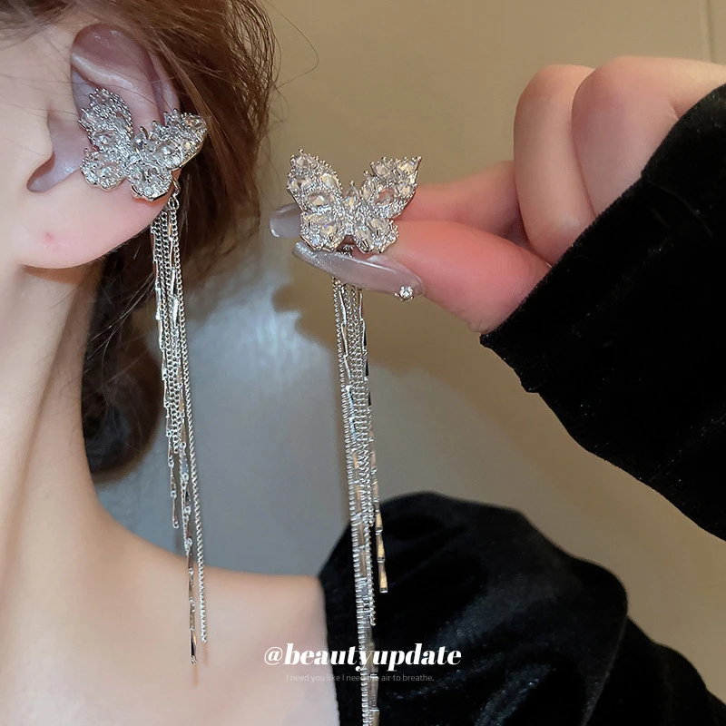 铜合金亚克力耳饰 超仙气质蝴蝶链条流苏无耳洞耳骨夹时尚甜