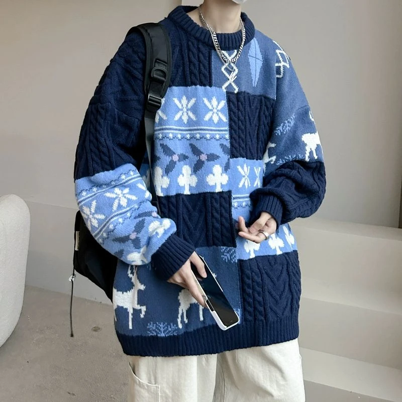 毛衣男冬季加厚慵懒打底内搭针织衫复古拼接保暖宽松线衣外套痞帅