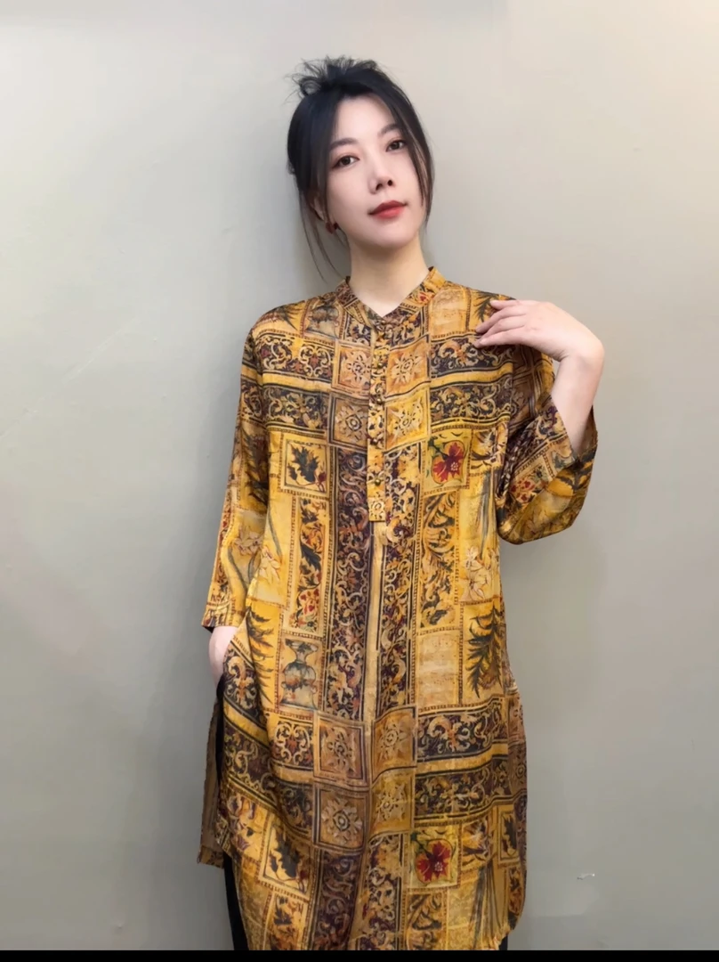 原创设计师款秋季新款独特印花工艺女士七分袖衬衫8112