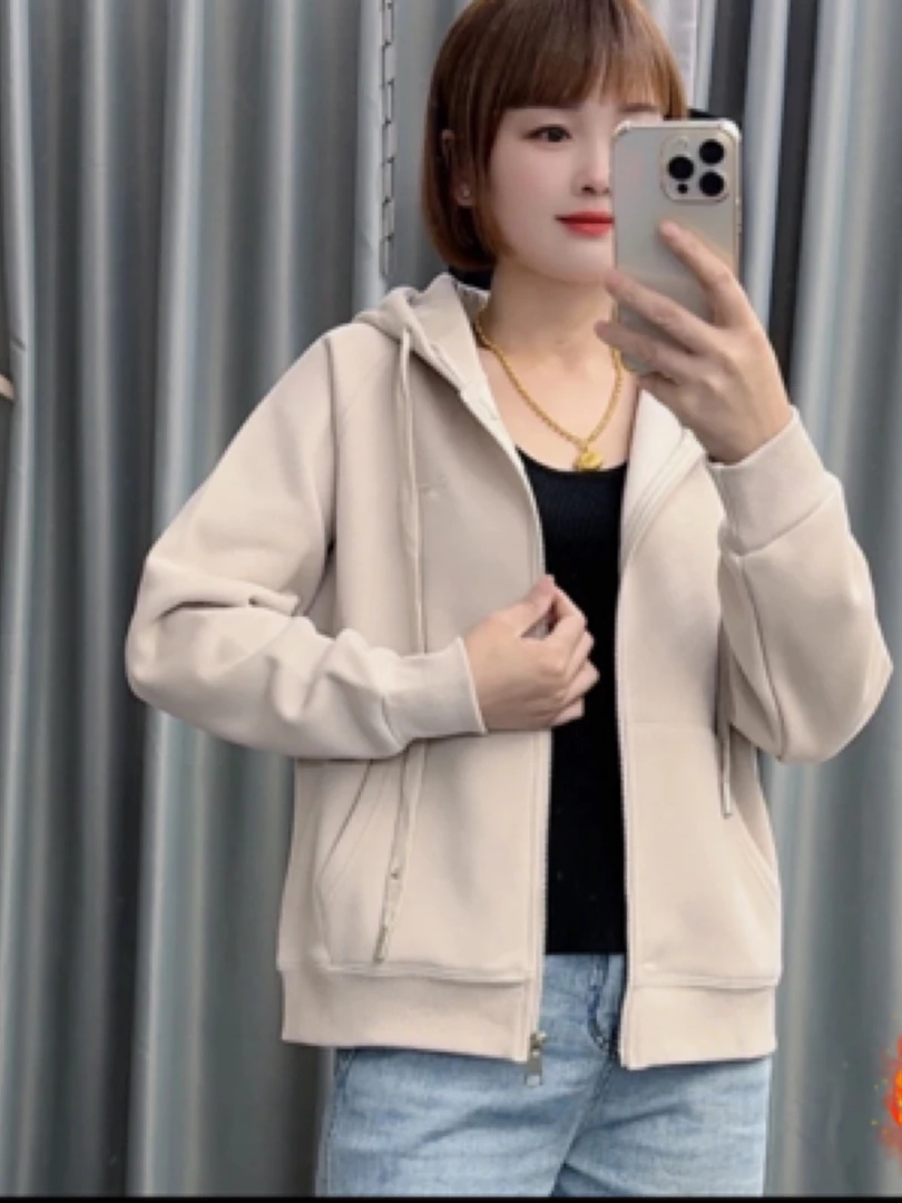 （宝赢家）0039春款插肩袖韩版外套休闲百搭纯色刺绣女连帽卫衣开衫