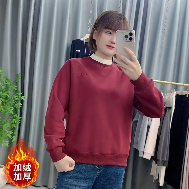 假两件插肩袖刺绣圆领套头加绒卫衣女秋冬新款保暖毛衣领休闲百搭