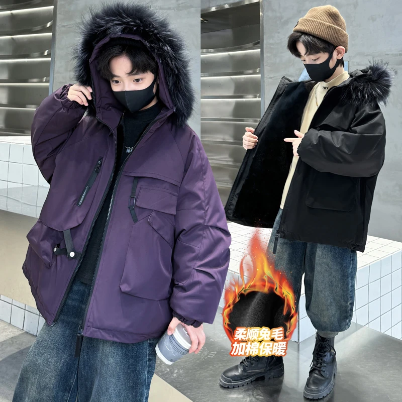 男童加绒加厚棉服外套冬装中大童时髦帅气毛领棉衣儿童棉袄男孩潮