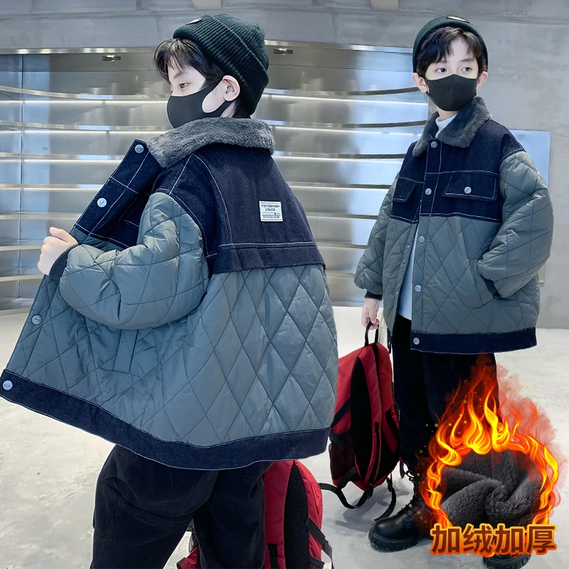 儿童装加绒加厚外套秋冬装5-15男童洋气棉衣中大童拼接棉服男孩潮
