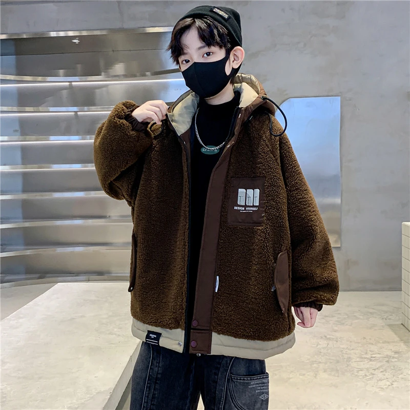 男童毛毛衣夹棉加厚外套保暖秋冬季中大童羊羔绒时髦儿童衣服潮流