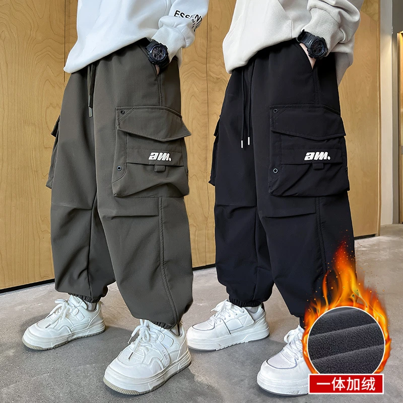 男童一体加绒加厚工装裤收脚秋冬季中大童时尚洋气长裤儿童裤子潮