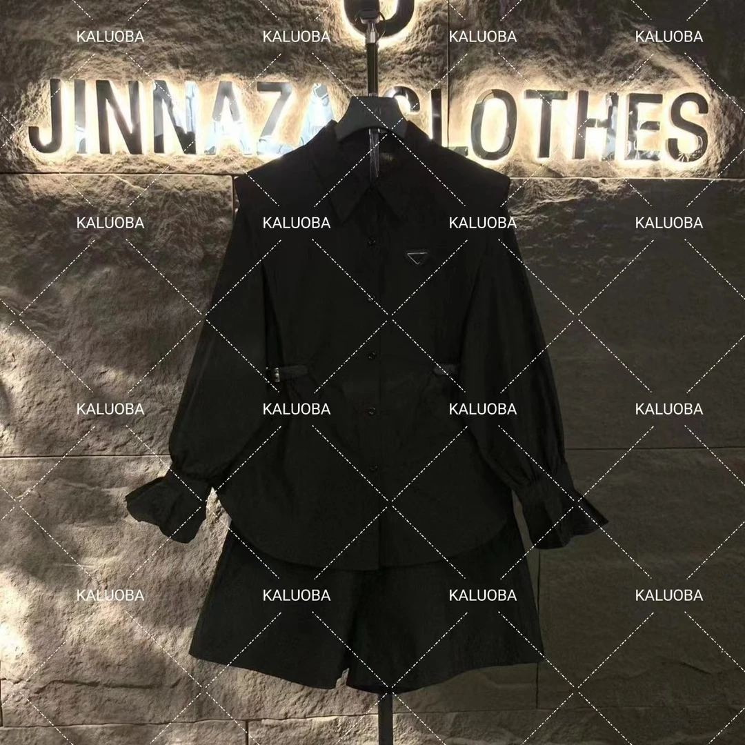 【原创设计师款女装】韩版直角肩收腰显瘦衬衫+短裤套装3766#