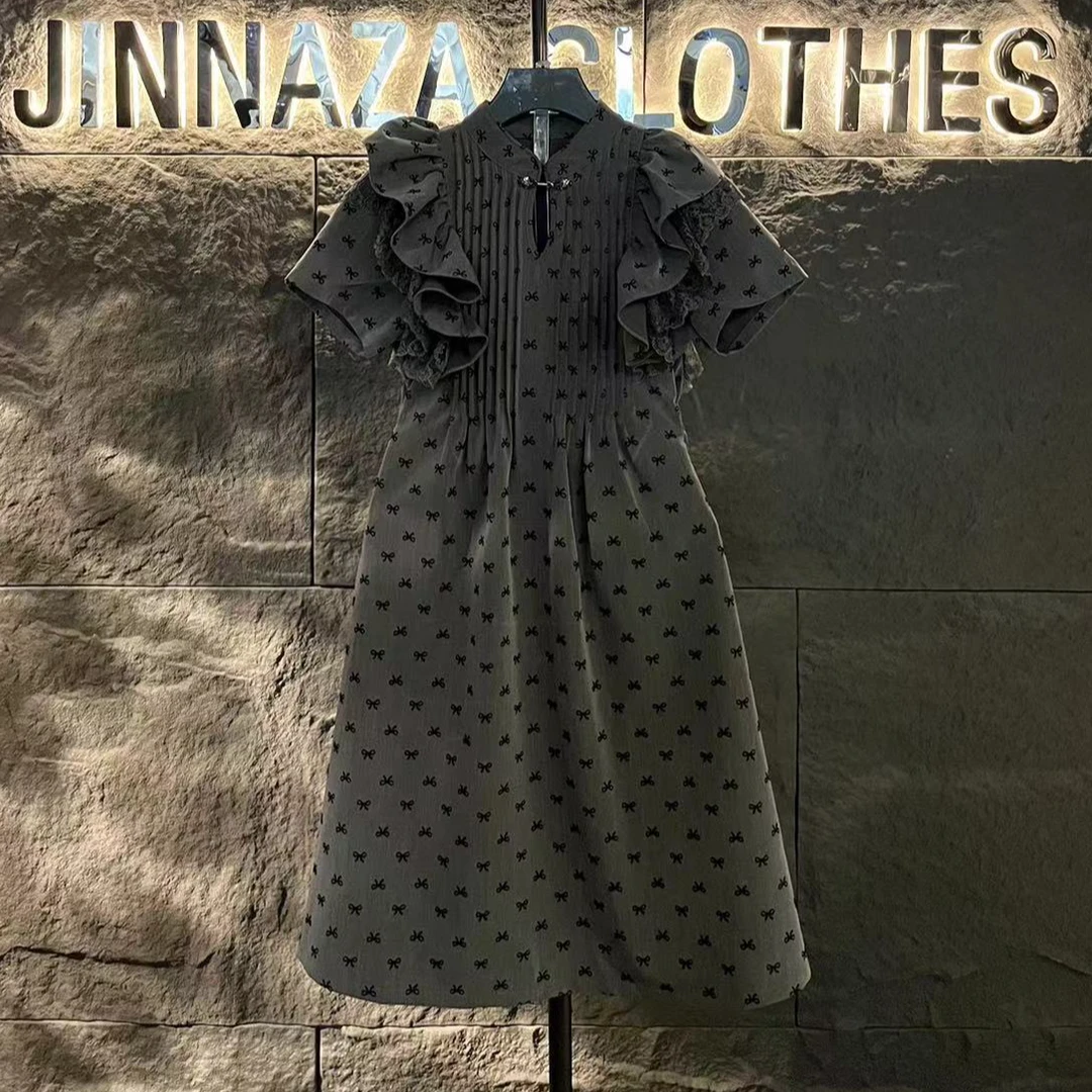 【原创大码设计师款】2024新款洋气灰色蝴蝶结提花显瘦连衣裙4782