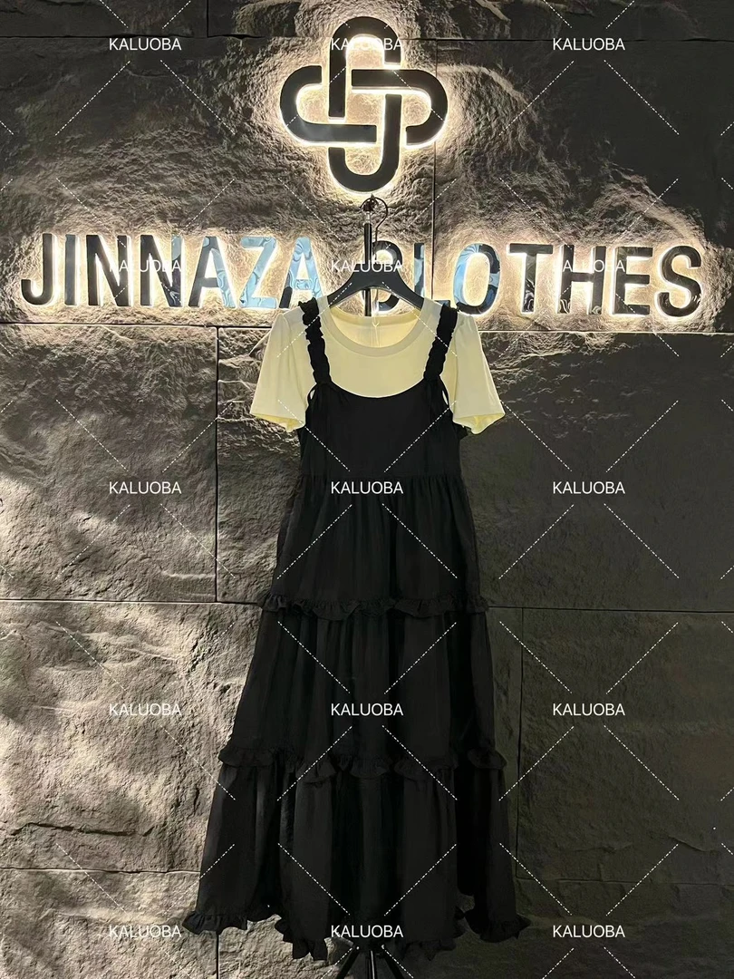 【原创大码设计师款】2024新款圆领拼接花边假两件背带连衣裙5114