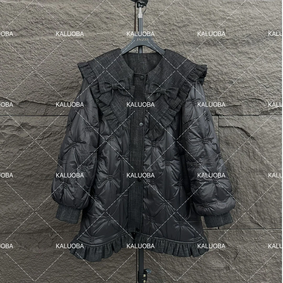 【原创设计师款女装】2024冬季木耳边娃娃领蝴蝶结棉服外套6084