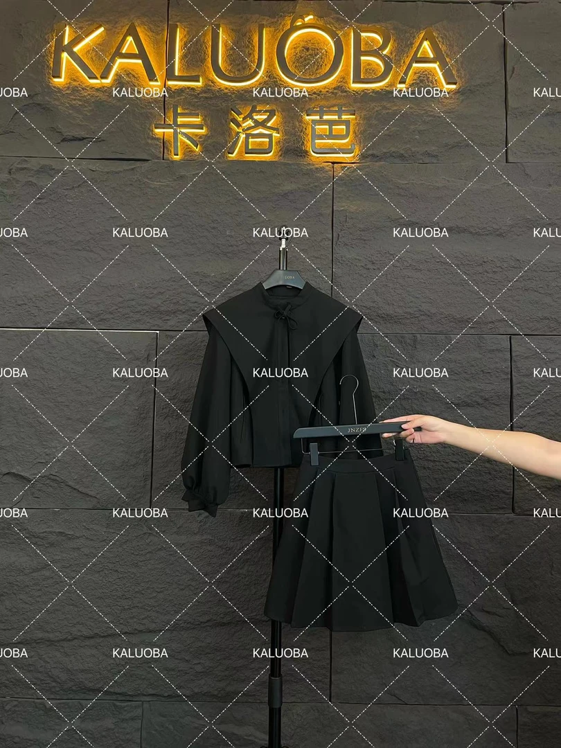 【原创大码设计师款】早秋新款气质长袖娃娃领减龄上衣+半裙5660